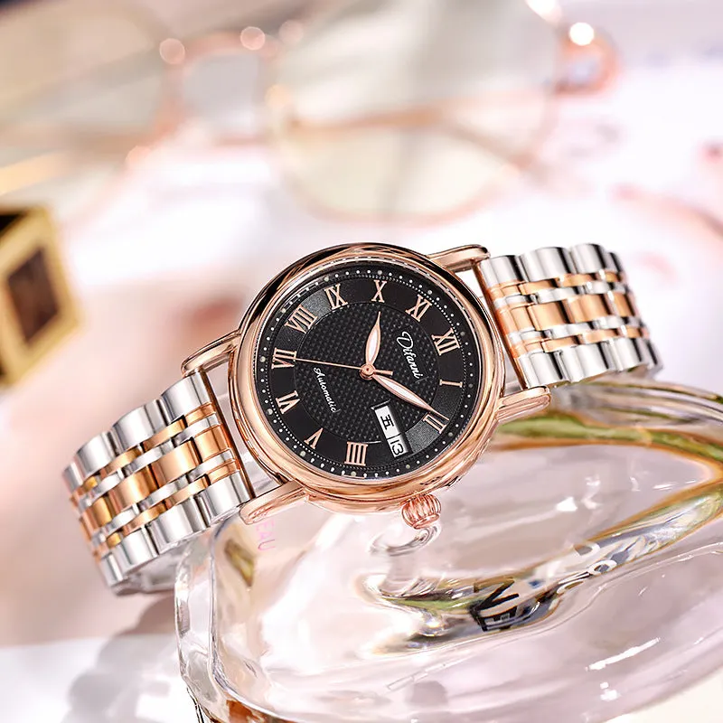 Women's automatic mechanical watch with 12mm thick case shown in various strap and dial colour options.