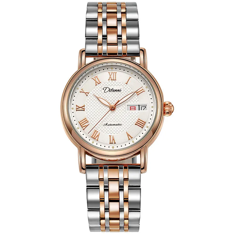 Women's automatic mechanical watch with 12mm thick case shown in various strap and dial colour options.