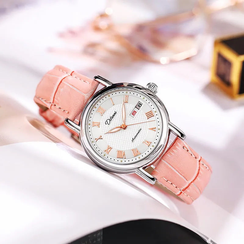 Women's automatic mechanical watch with 12mm thick case shown in various strap and dial colour options.