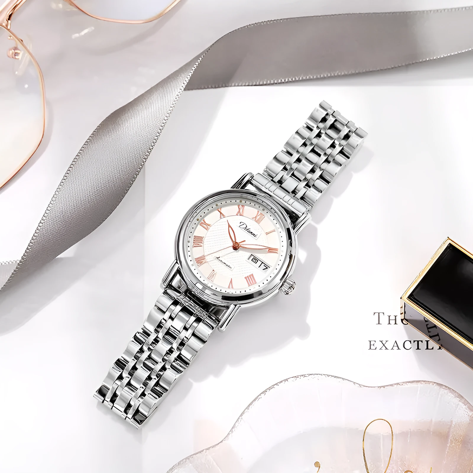 Women's automatic mechanical watch with 12mm thick case shown in various strap and dial colour options.