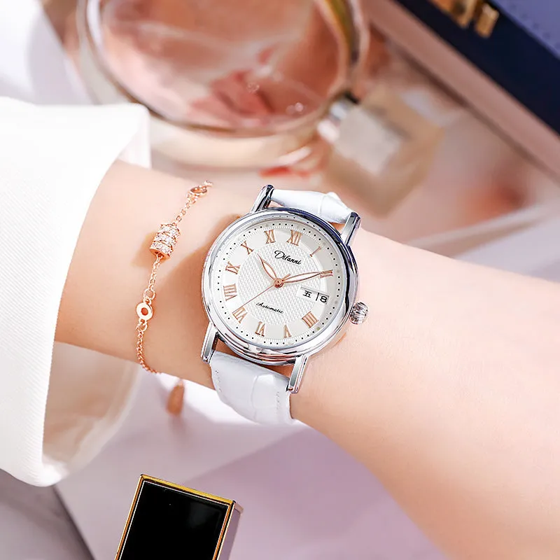 Women's automatic mechanical watch with 12mm thick case shown in various strap and dial colour options.