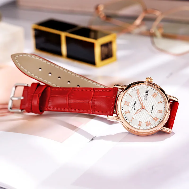 Women's automatic mechanical watch with 12mm thick case shown in various strap and dial colour options.