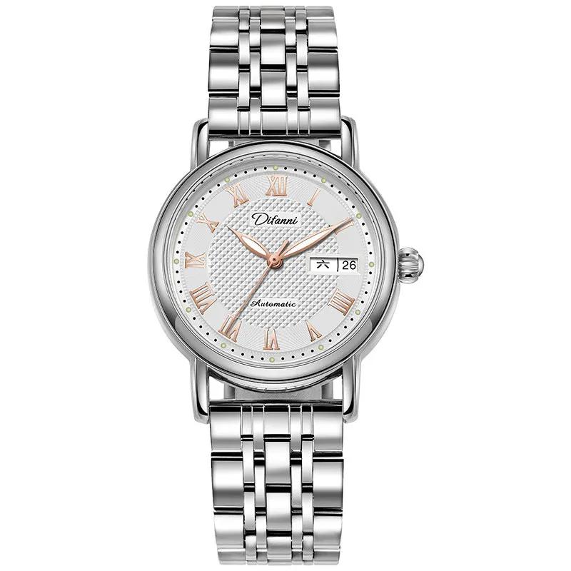 Women's automatic mechanical watch with 12mm thick case shown in various strap and dial colour options.