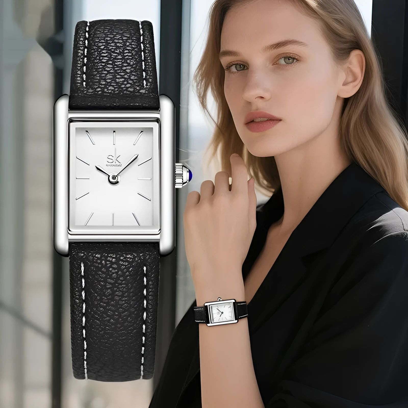 Women's retro small square quartz watch with 7.5mm thin case and four colour choices