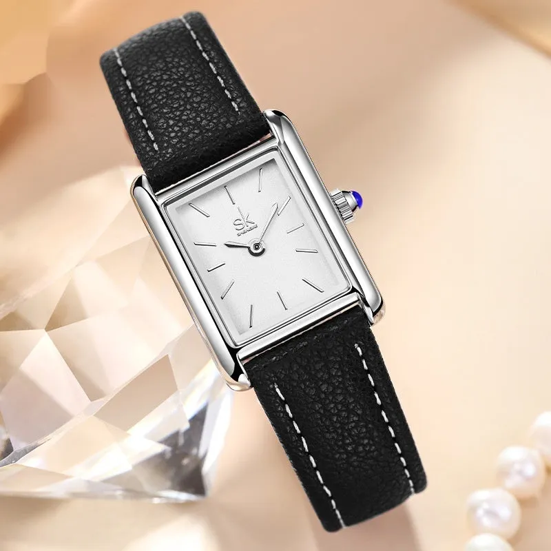Women's retro small square quartz watch with 7.5mm thin case and four colour choices