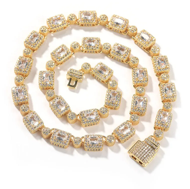 Copper inlaid hip-hop necklace with synthetic cubic zirconia and rhinestone stones, 40cm chain length, Gold White Zircon colour option