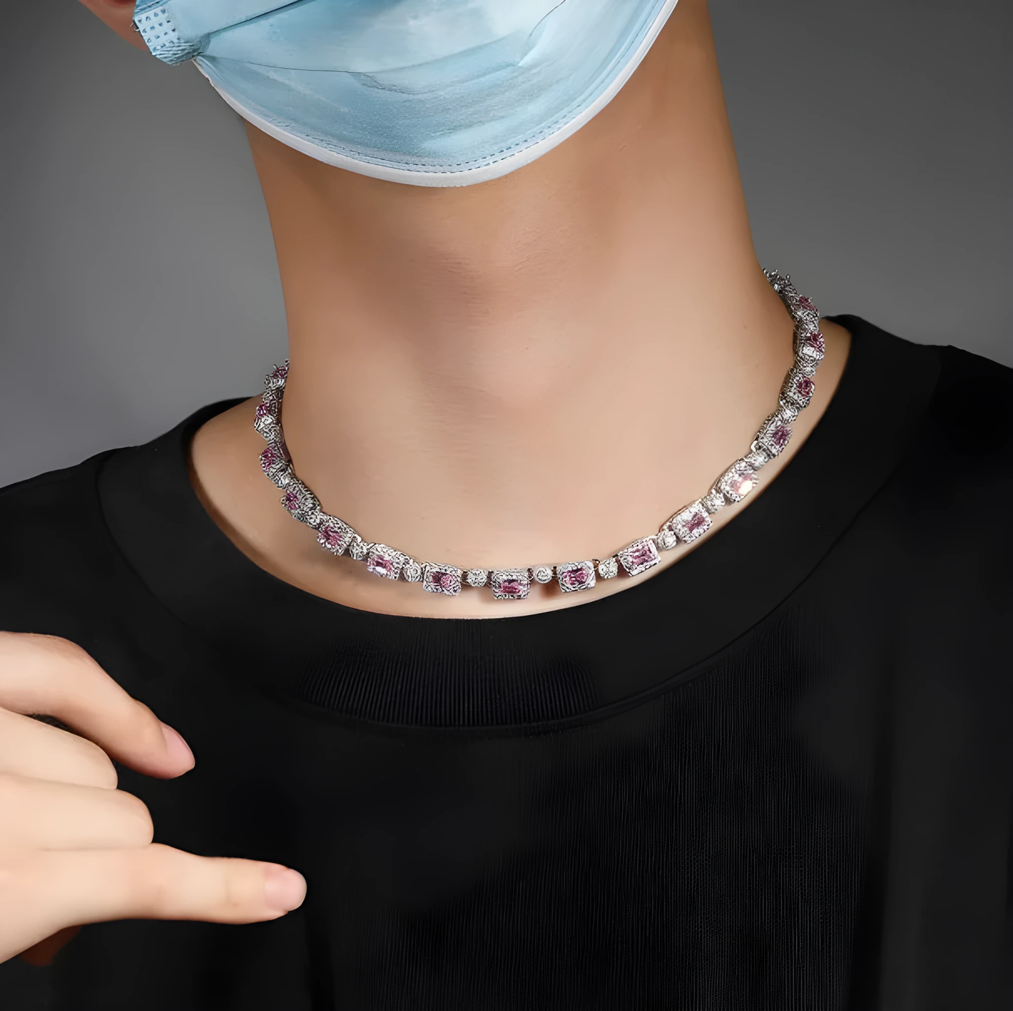 Copper inlaid hip-hop necklace with synthetic cubic zirconia and rhinestone stones, 40cm chain length, Gold White Zircon colour option