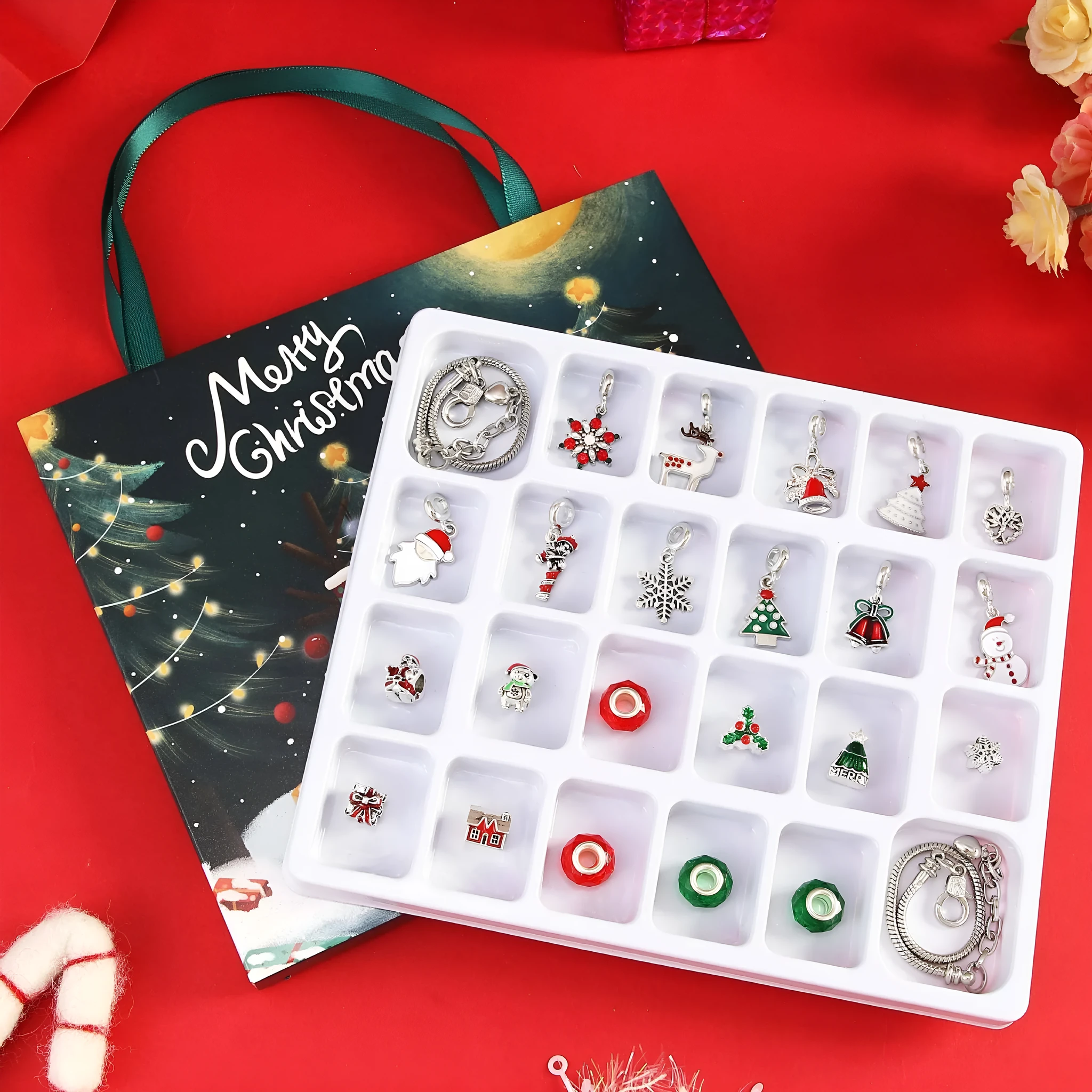 Christmas bead string jewellery gift box set with alloy beads in cartoon style featuring electroplated finish