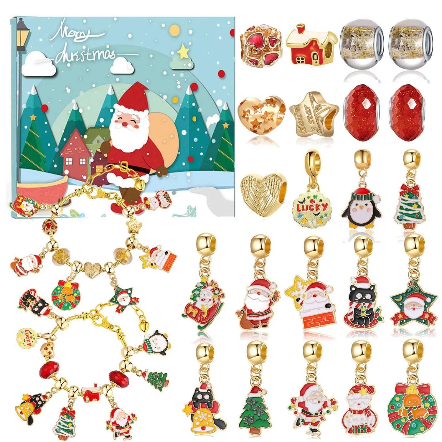 Christmas bead string jewellery gift box set with alloy beads in cartoon style featuring electroplated finish