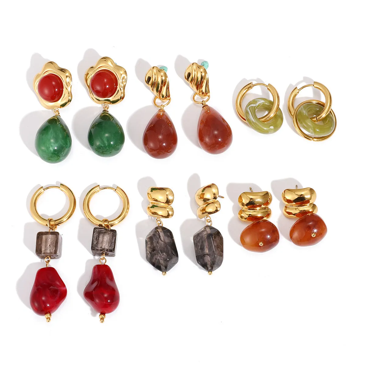 Resin earrings with electroplated antique geometric quadrilateral design for women, light luxury style