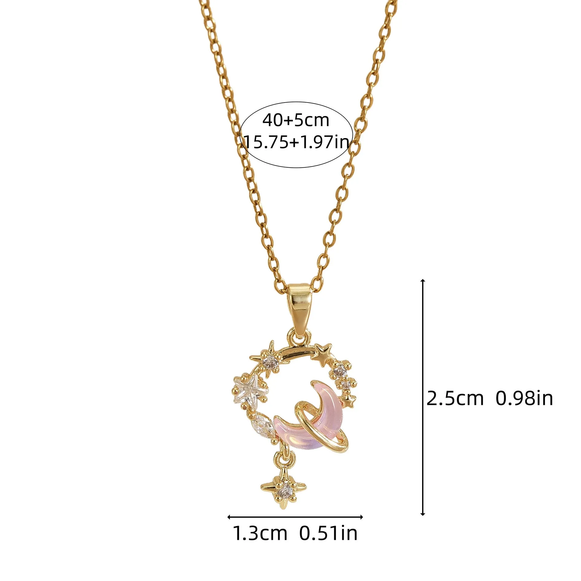 Gold electroplated copper necklace with micro-inlaid zirconium moon pendant on O-ring chain