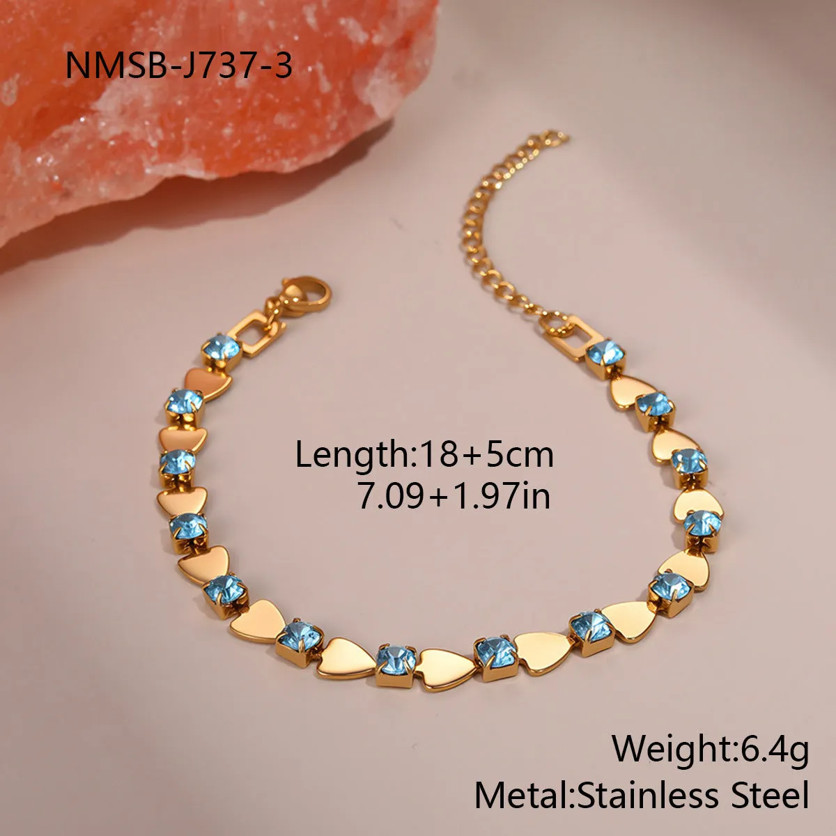 Non-fading electroplated stainless steel geometric bracelet with cubic zirconia stones in colour variant NMSB-J737