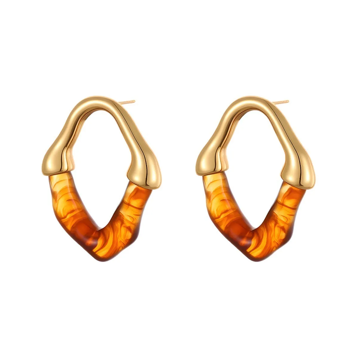 Women's stainless steel earrings with colour resin stitching in pink and blue, 18K electroplated finish