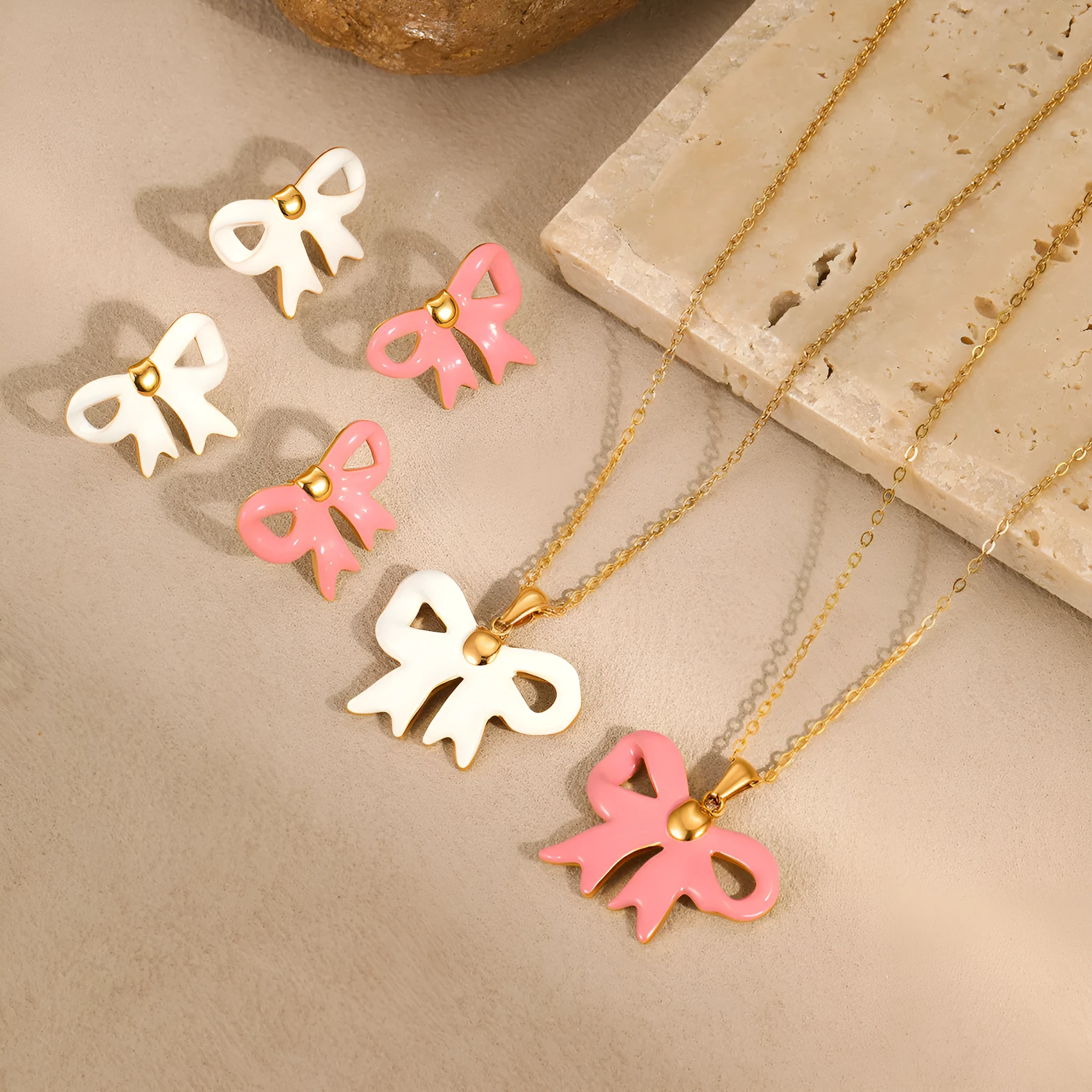 Bowknot white necklace with stainless steel pendant and electroplated finish on regular chain