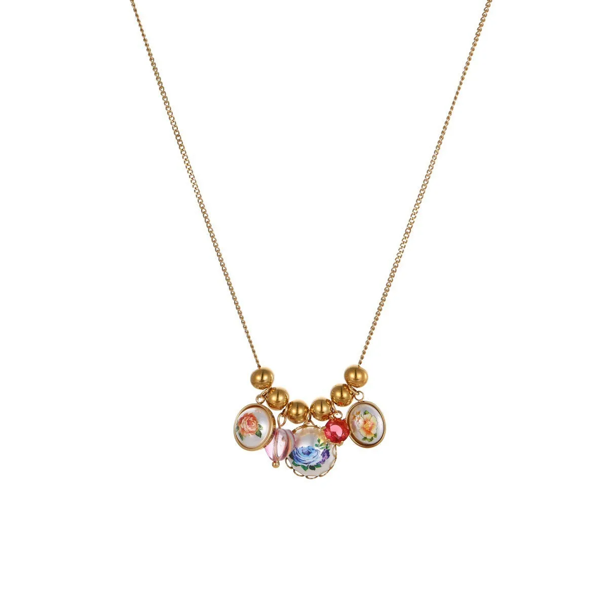Vintage sunflower stainless steel necklace with 18K gold electroplated finish on display