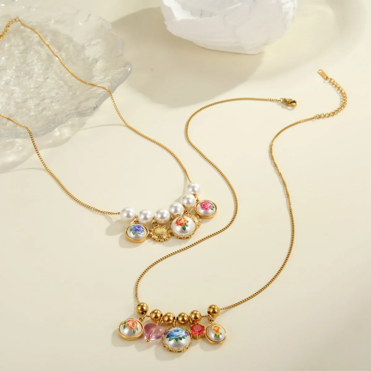 Vintage sunflower stainless steel necklace with 18K gold electroplated finish on display