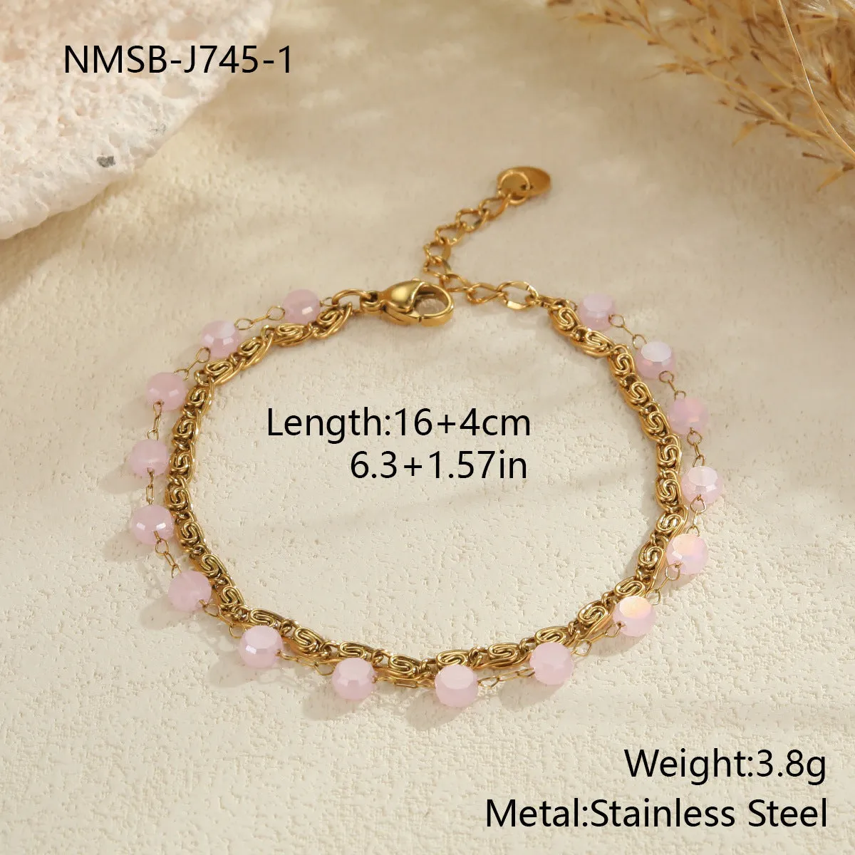 Gold-plated beaded stainless steel double layer twin chain clavicle necklace for women with colourful geometric links