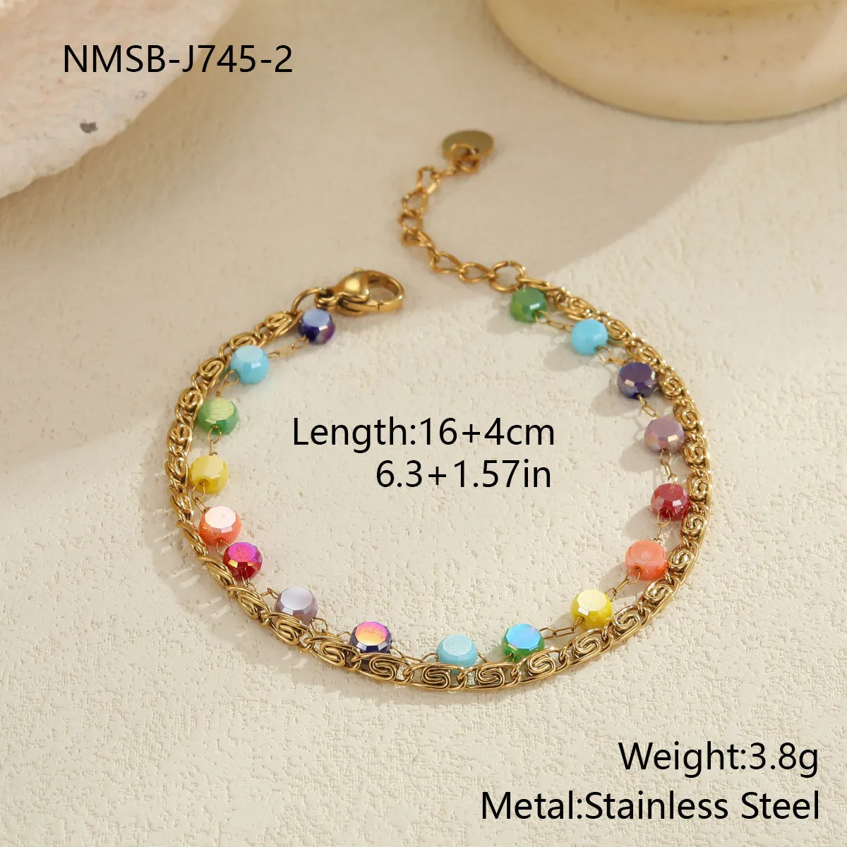 Gold-plated beaded stainless steel double layer twin chain clavicle necklace for women with colourful geometric links