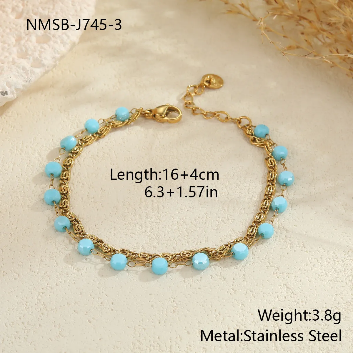 Gold-plated beaded stainless steel double layer twin chain clavicle necklace for women with colourful geometric links