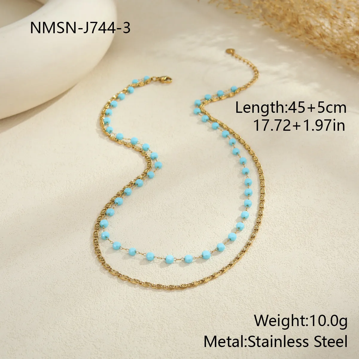 Gold-plated beaded stainless steel double layer twin chain clavicle necklace for women with colourful geometric links