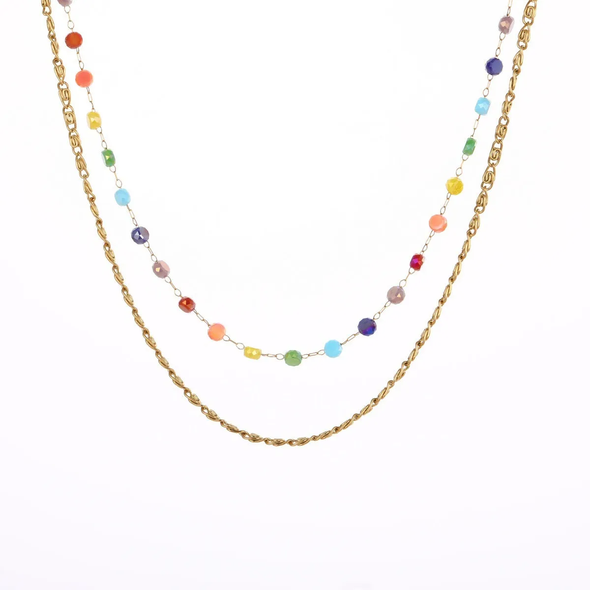 Gold-plated beaded stainless steel double layer twin chain clavicle necklace for women with colourful geometric links