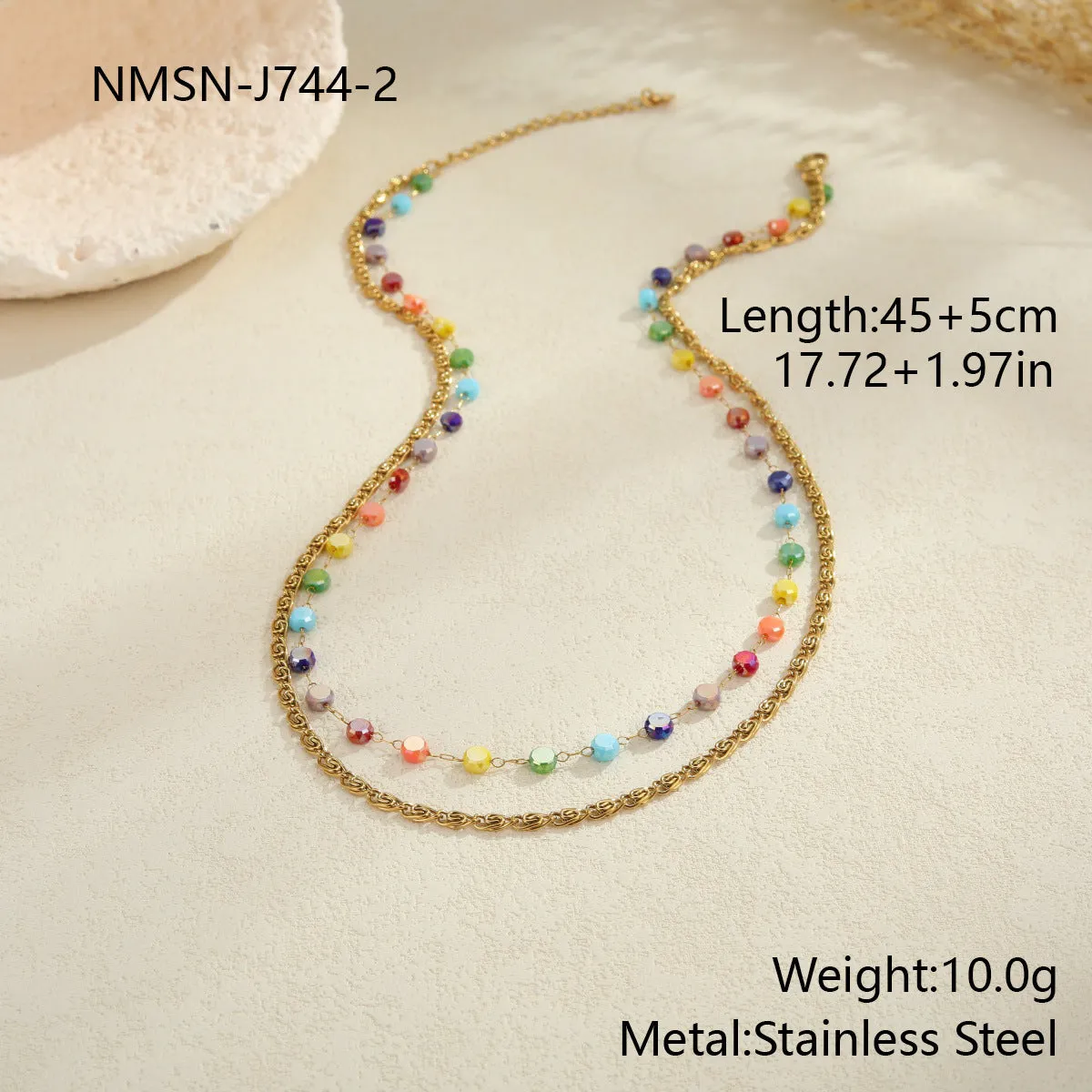 Gold-plated beaded stainless steel double layer twin chain clavicle necklace for women with colourful geometric links