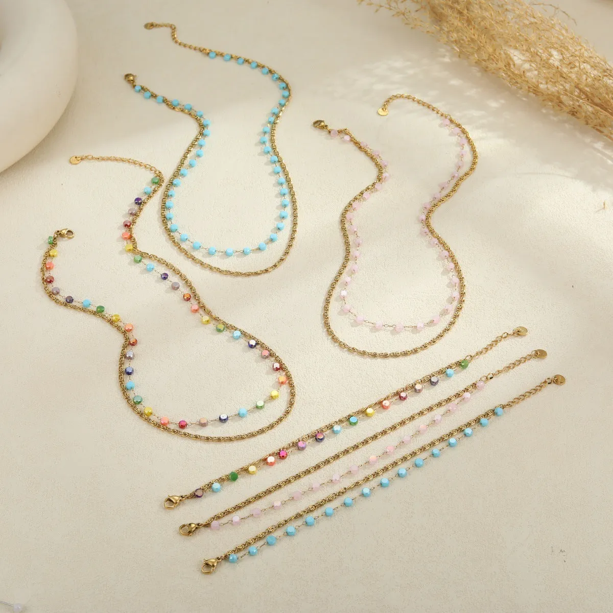 Gold-plated beaded stainless steel double layer twin chain clavicle necklace for women with colourful geometric links