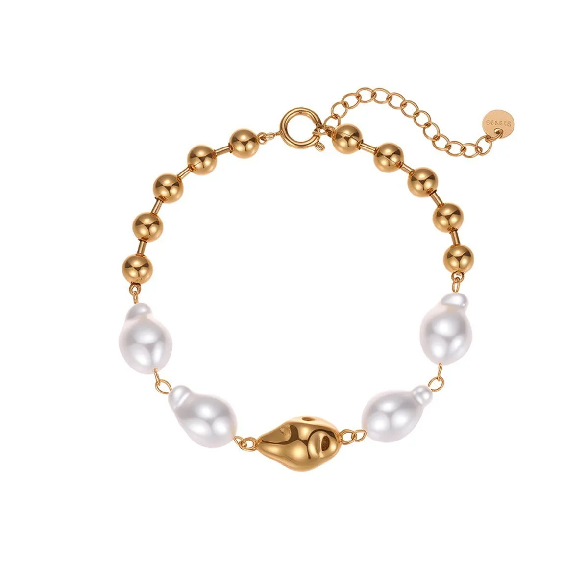 Women's heart shape baroque pearl bracelet with diamond detail in stainless steel 18K electroplated finish