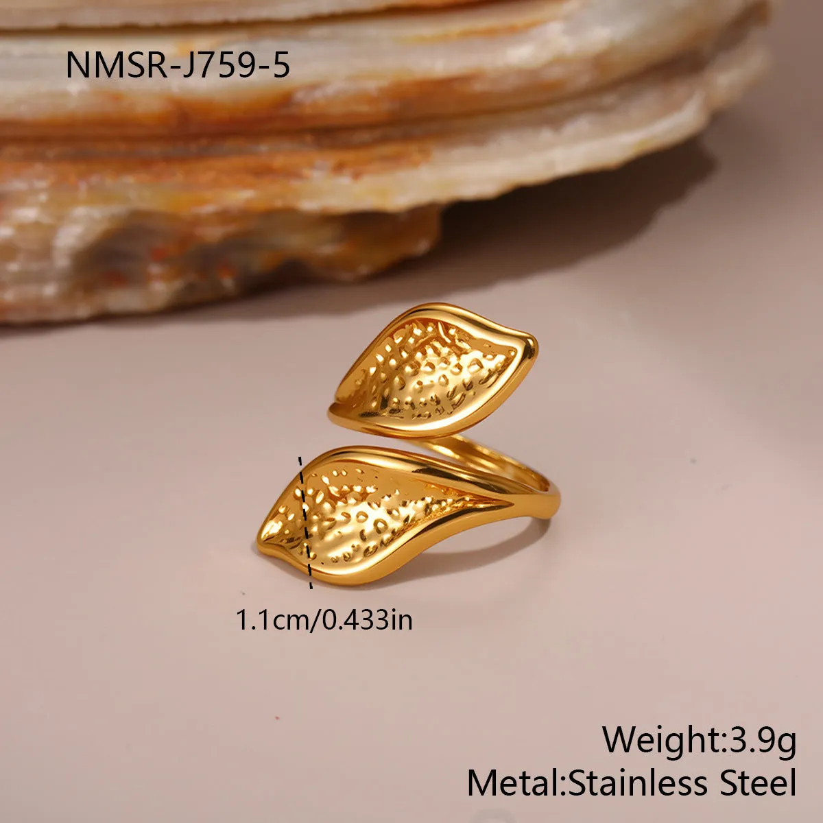 Stainless steel open design geometry ring with flower ocean pattern for women in affordable luxury style