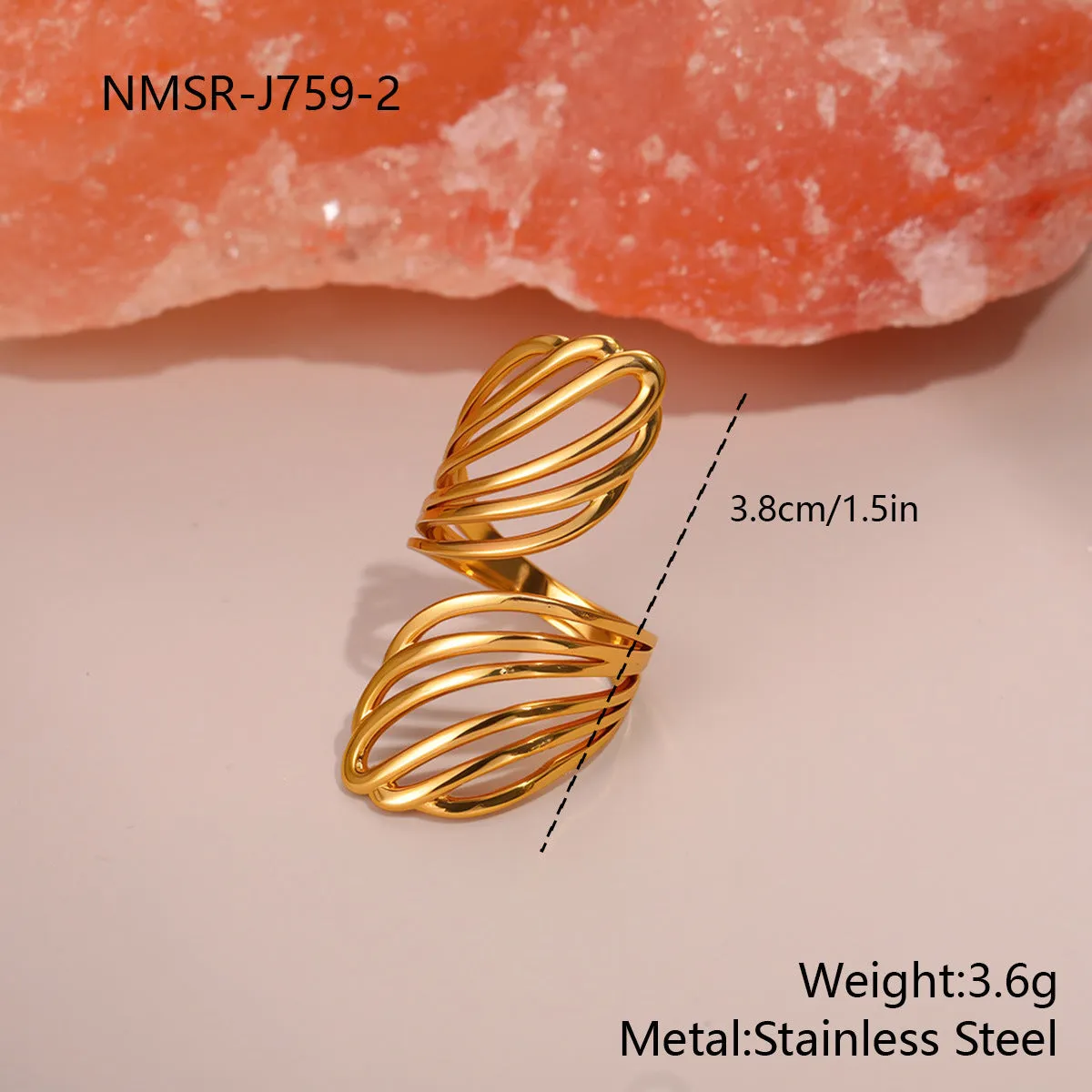 Stainless steel open design geometry ring with flower ocean pattern for women in affordable luxury style