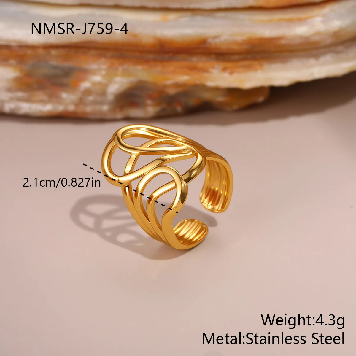 Stainless steel open design geometry ring with flower ocean pattern for women in affordable luxury style