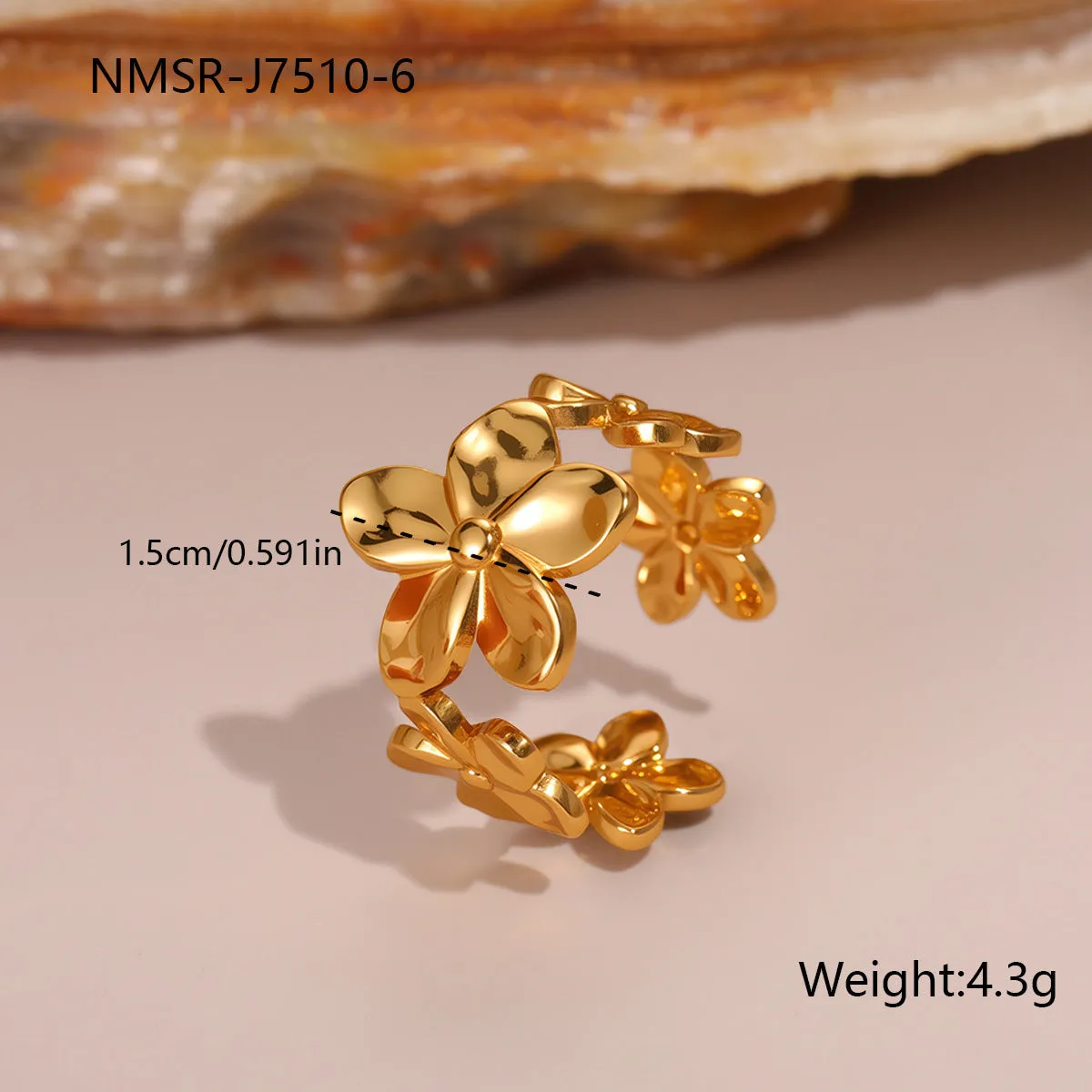 Stainless steel open design geometry ring with flower ocean pattern for women in affordable luxury style