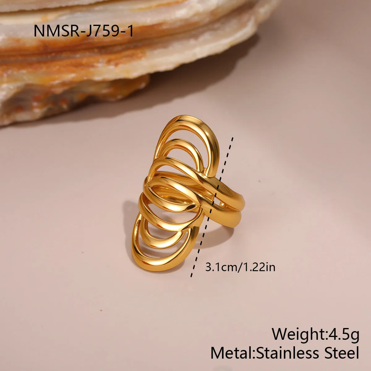 Stainless steel open design geometry ring with flower ocean pattern for women in affordable luxury style