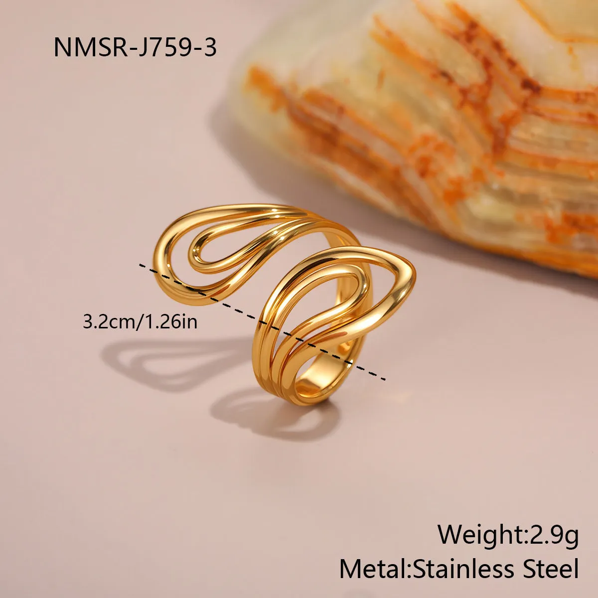Stainless steel open design geometry ring with flower ocean pattern for women in affordable luxury style