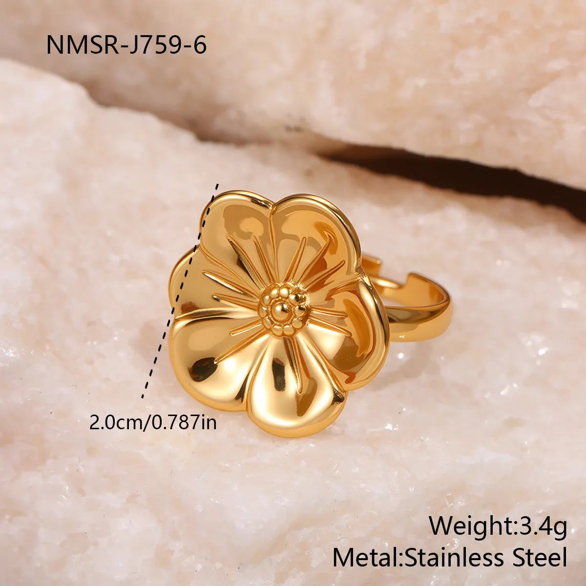 Stainless steel open design geometry ring with flower ocean pattern for women in affordable luxury style