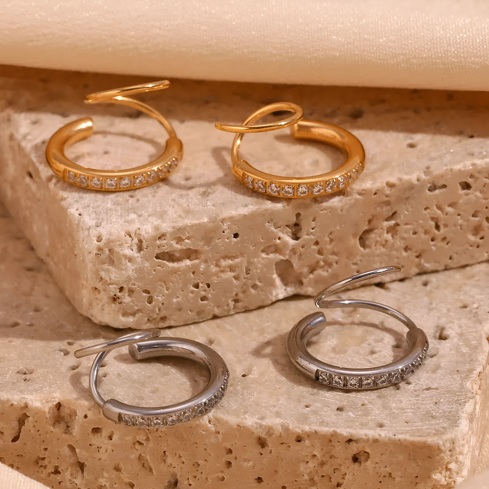 Women's diamond-embedded creative spiral stud earrings in stainless steel electroplated gold white diamond finish