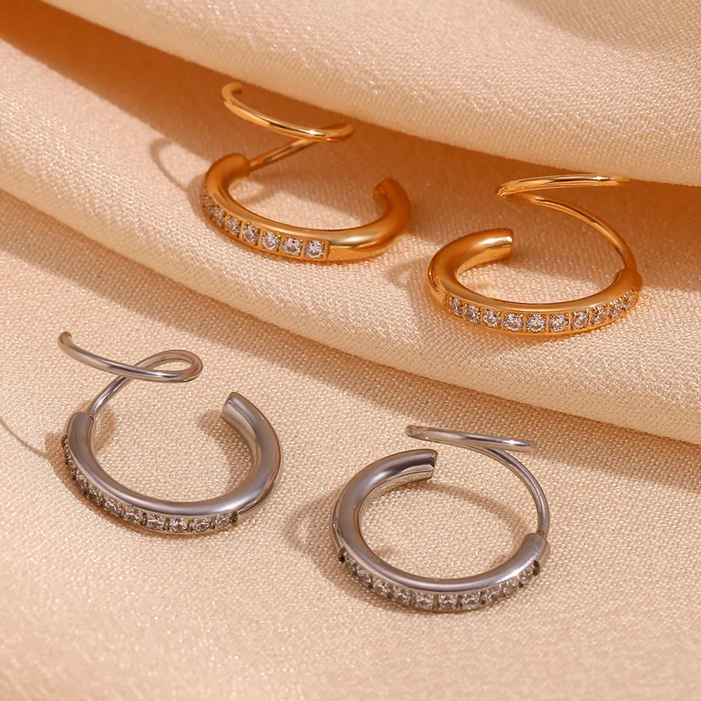 Women's diamond-embedded creative spiral stud earrings in stainless steel electroplated gold white diamond finish