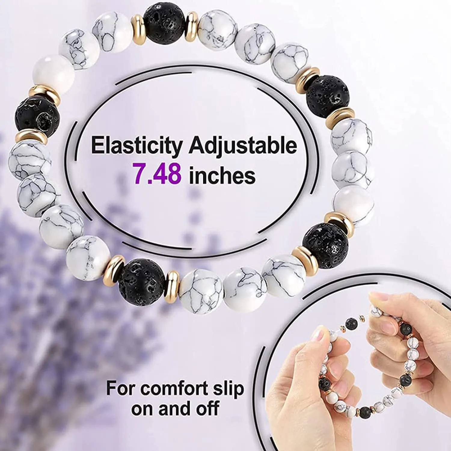 Handmade alloy volcano white turquoise natural stone bracelet with obsidian, lava, and tiger eye beads