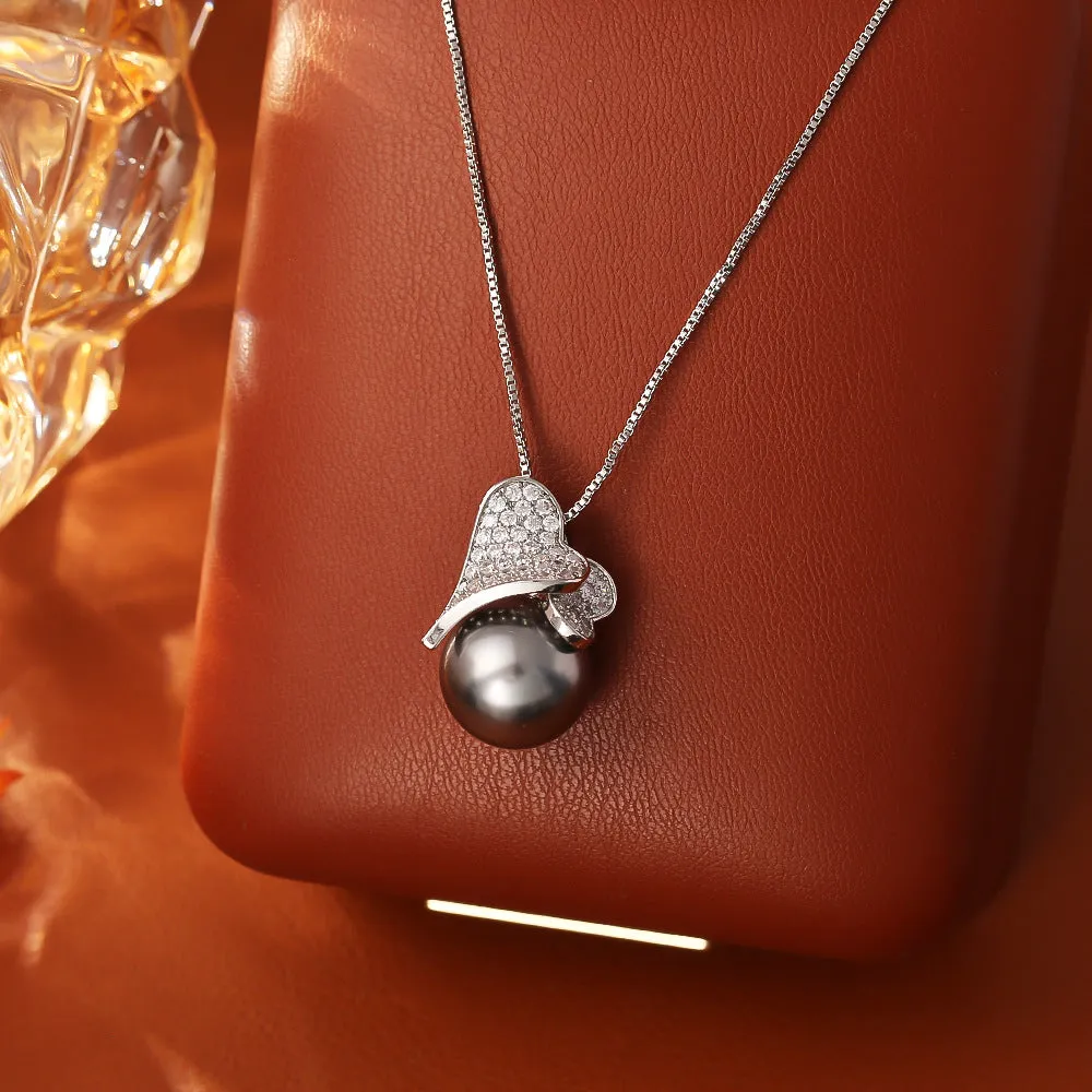 Pearl leaf necklace with real gold plating, copper chain, adjustable 41-50cm, gray pearl option