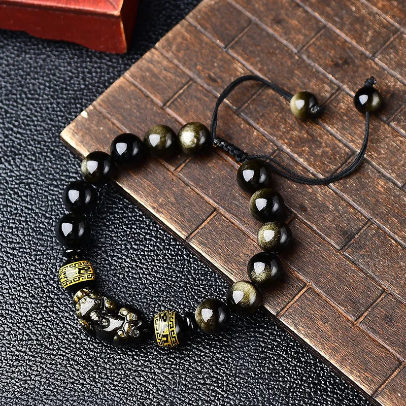 Hand-woven golden obsidian Pi Xiu bracelet with zodiac animal design in Chinese style