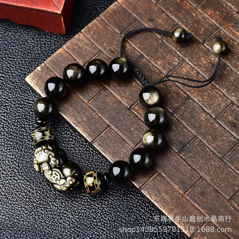 Hand-woven golden obsidian Pi Xiu bracelet with zodiac animal design in Chinese style