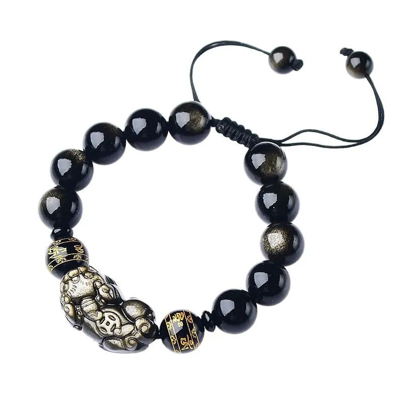Hand-woven golden obsidian Pi Xiu bracelet with zodiac animal design in Chinese style