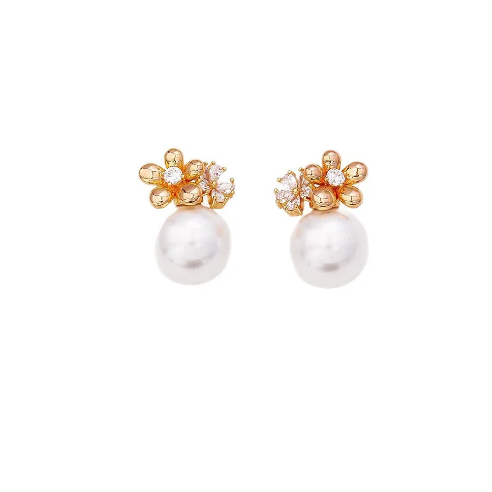 Flower inlaid zirconium pearl stud earrings real gold plated copper, gold and silver colour options