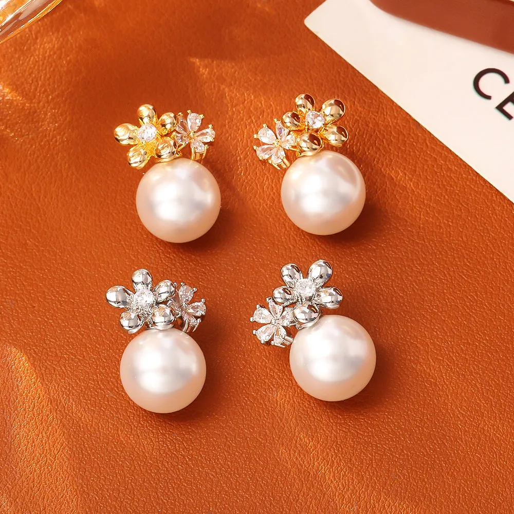 Flower inlaid zirconium pearl stud earrings real gold plated copper, gold and silver colour options