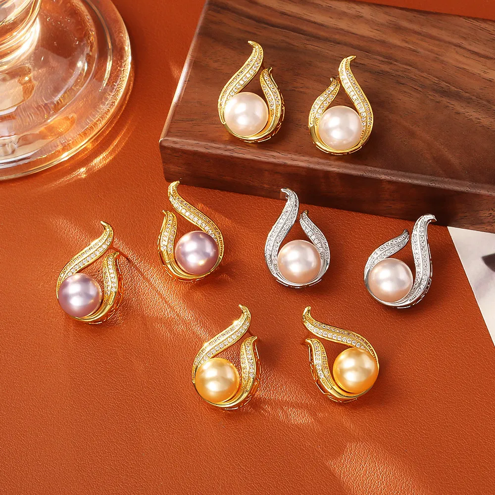 Glass pearl stud earrings with real gold plating on copper base, four colour options round geometric style