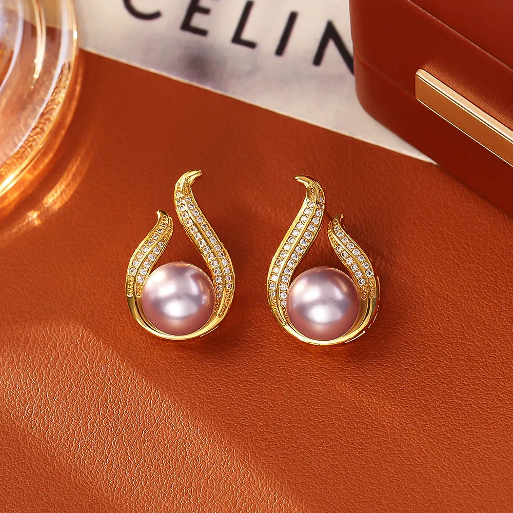 Glass pearl stud earrings with real gold plating on copper base, four colour options round geometric style