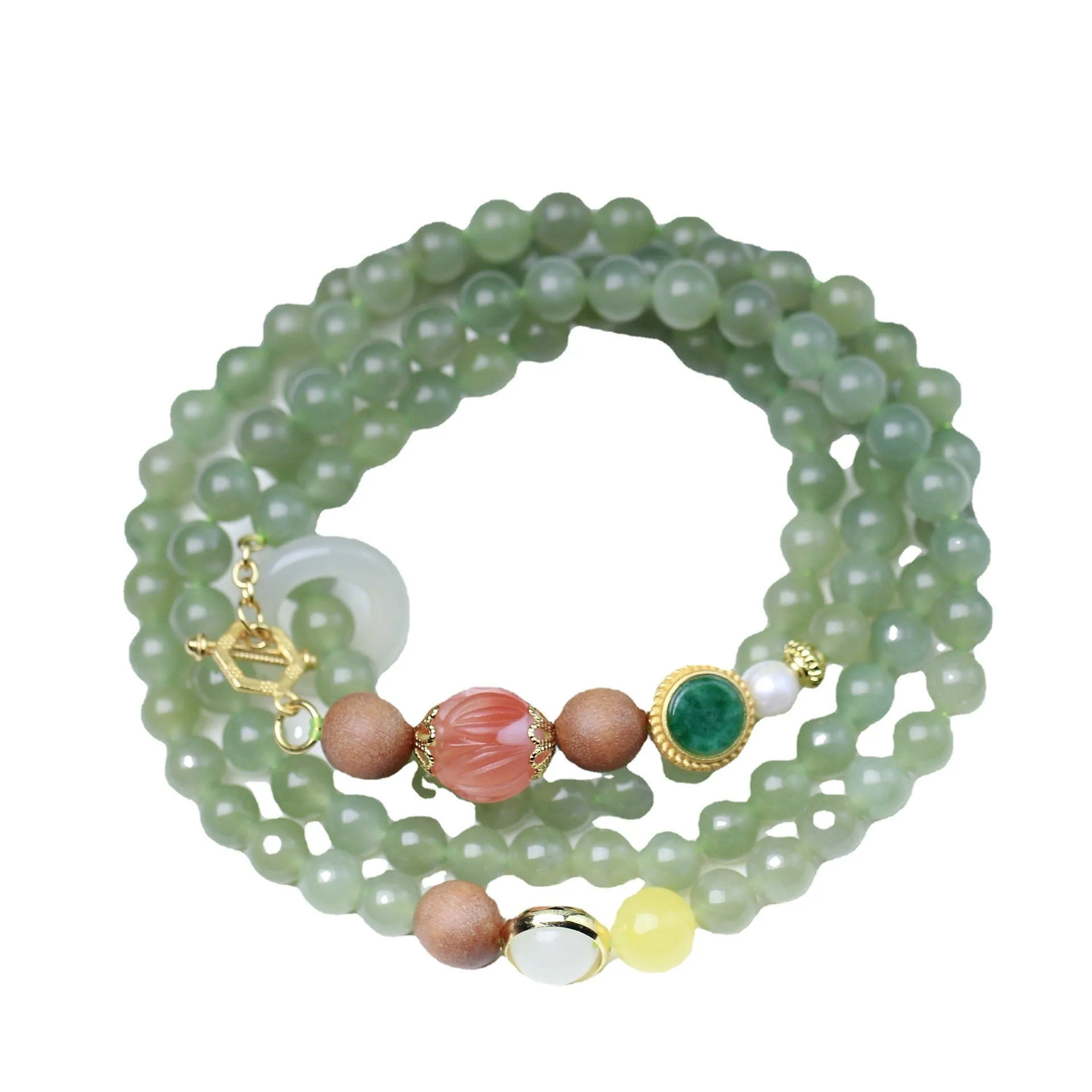 Hetian jade red lotus beads necklace with white sandalwood beeswax bracelet featuring zodiac animal modelling