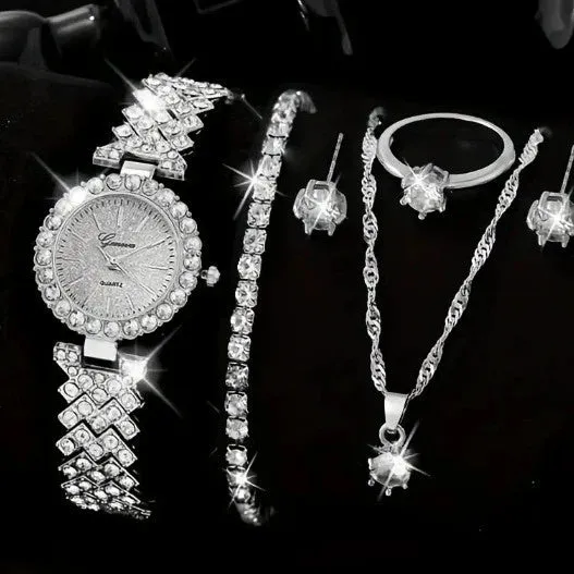 Women's diamond-embedded watch set with bracelet, necklace, ring, and earrings in gift box, silver finish