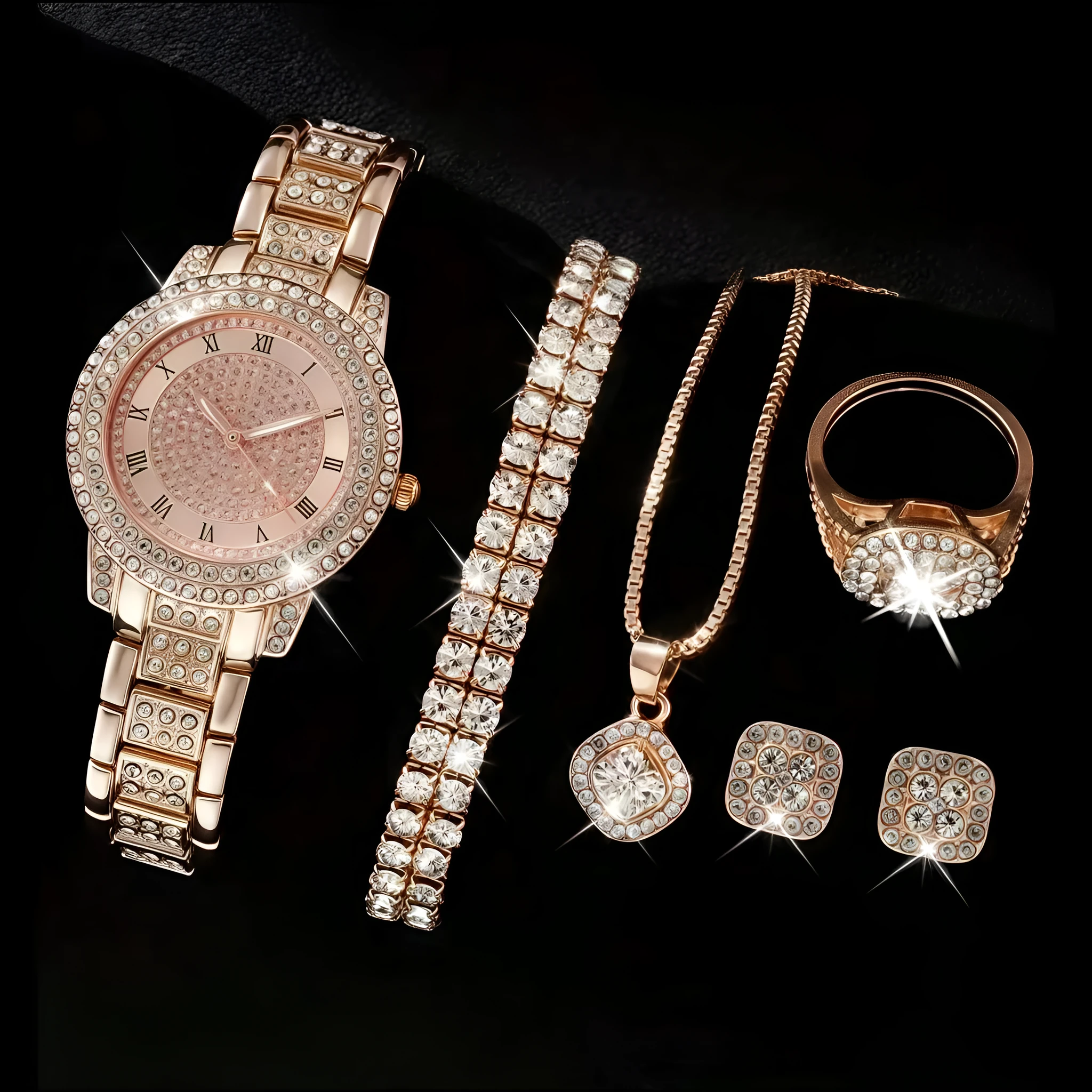 Women's diamond-embedded watch set with bracelet, necklace, ring, and earrings in gift box, silver finish