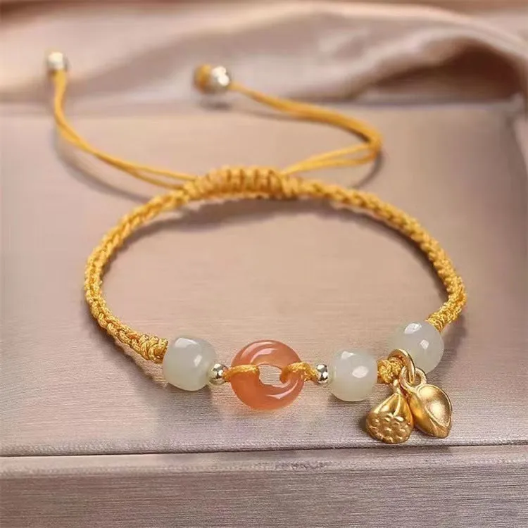 Hetian jade bracelet with constellation carving and adjustable coloured strap